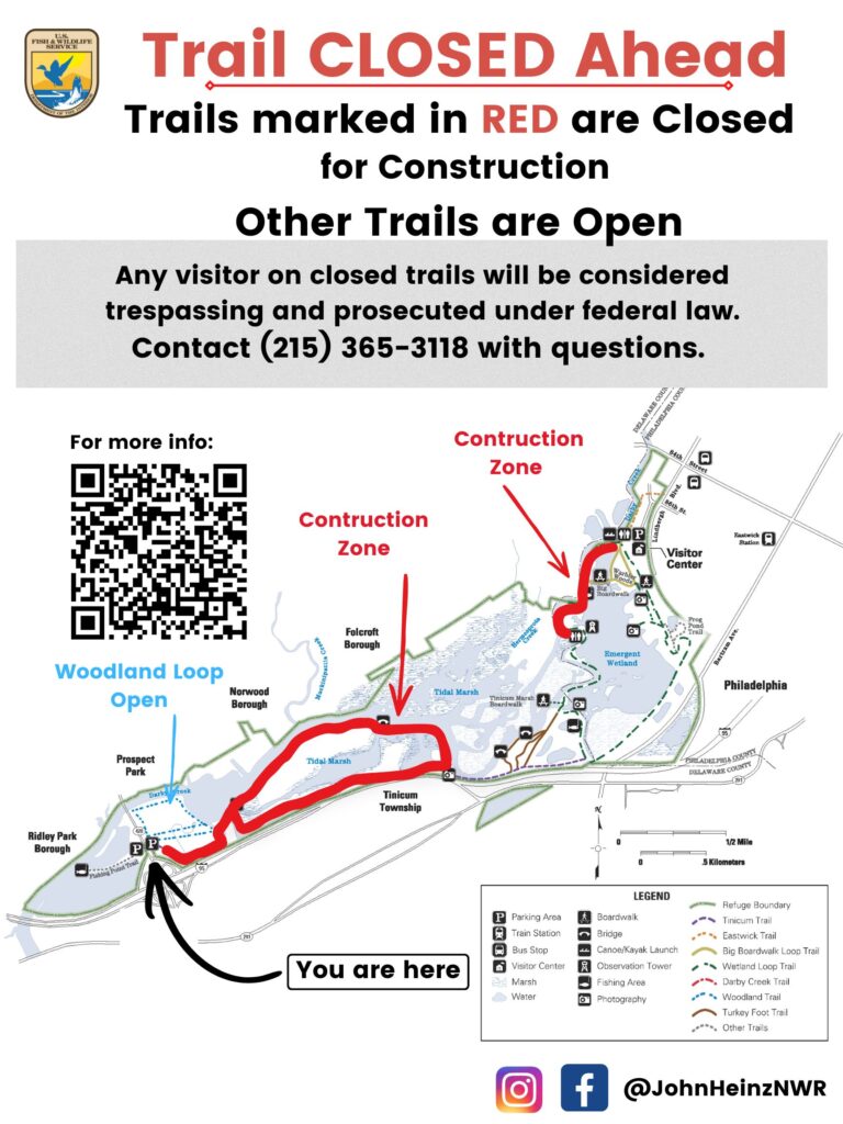 Map showing trail closures for Dike Road/ Wetland Loop Trail Restoration Project and Henderson Marsh Restoration Project.